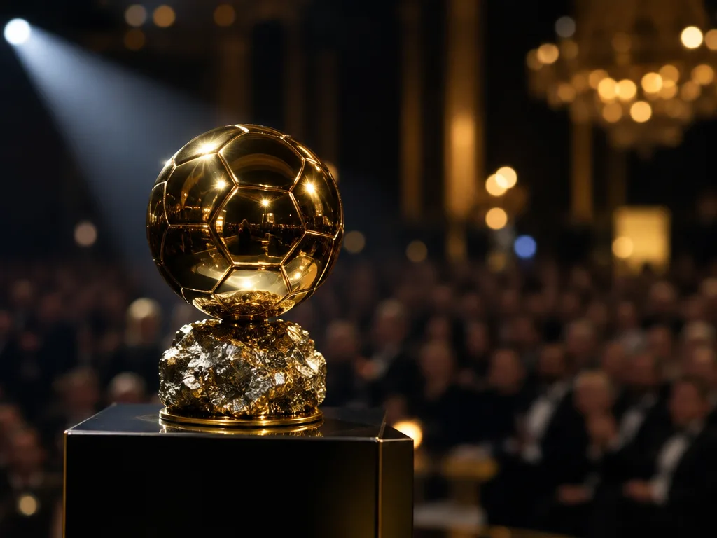 Guldpokal formad som en fotboll på en piedestal under strålkastarljus på en prisgala