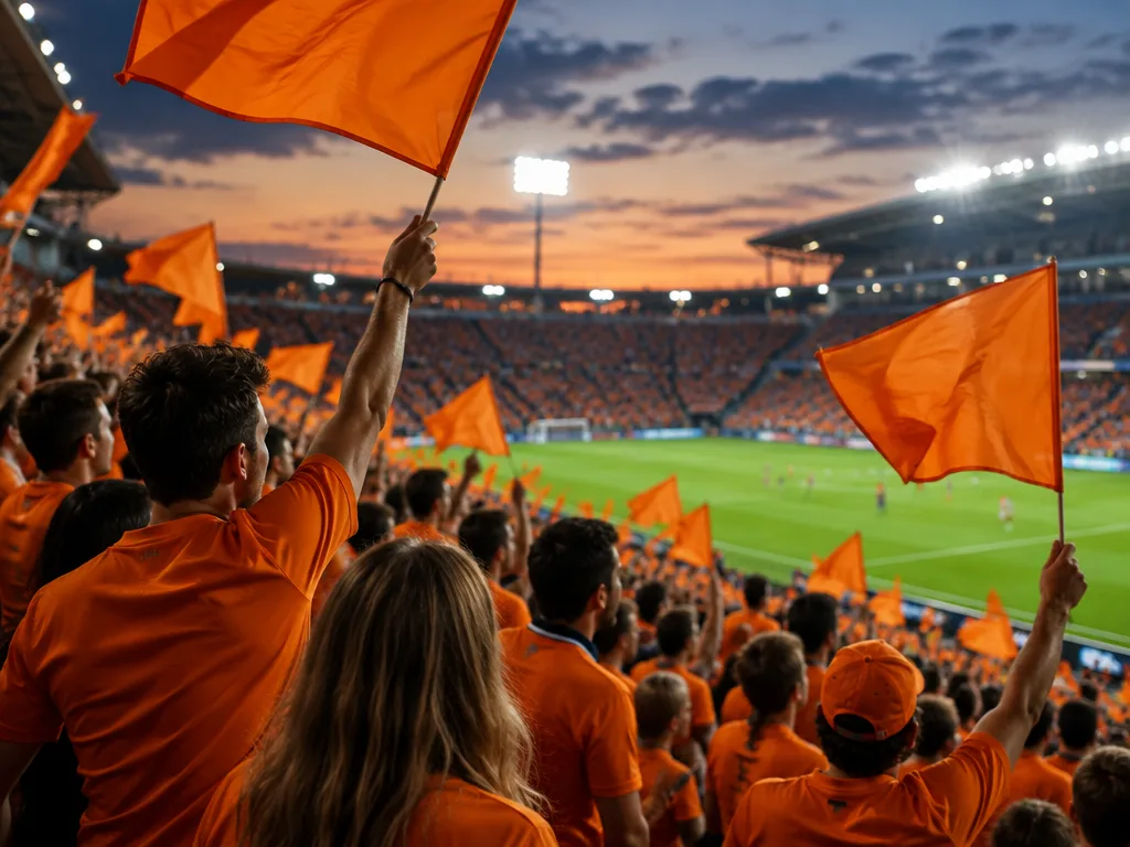 Supportrar i orange tröjor viftar med orange flaggor på en fullsatt fotbollsarena i skymningen