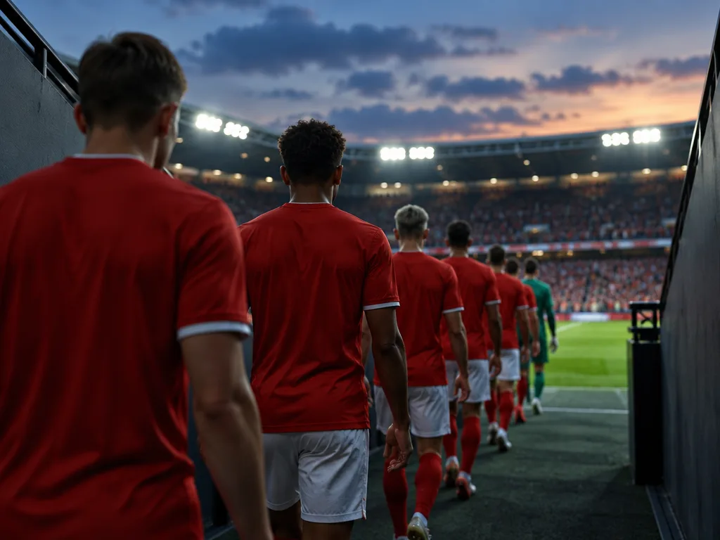 Fotbollsspelare i röda tröjor och vita byxor går ut ur spelartunneln mot en strålkastarbelyst arena i skymningen