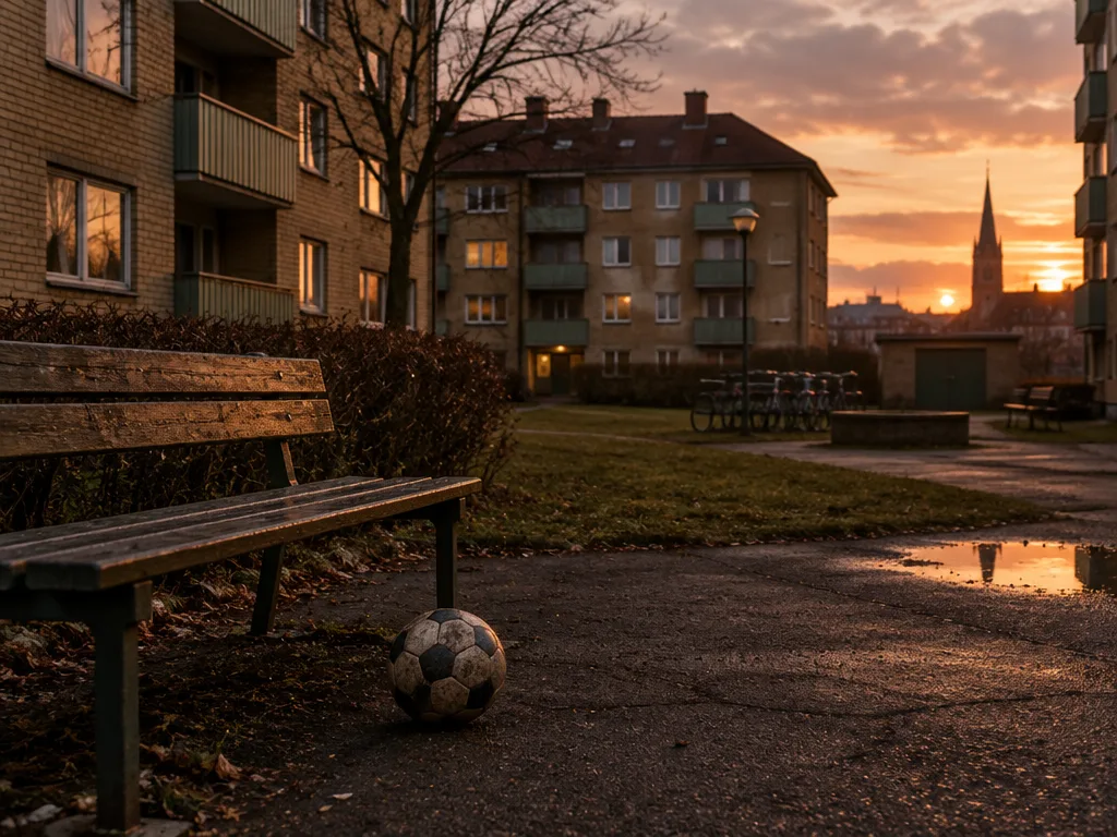 Innergård i Malmö med en fotboll vid en bänk