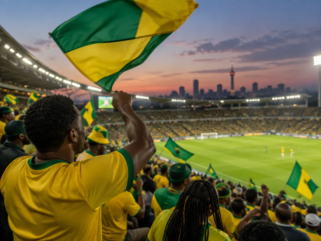 Sydafrikanska supportrar i gult och grönt viftar med flaggor på en fullsatt fotbollsarena i skymningen