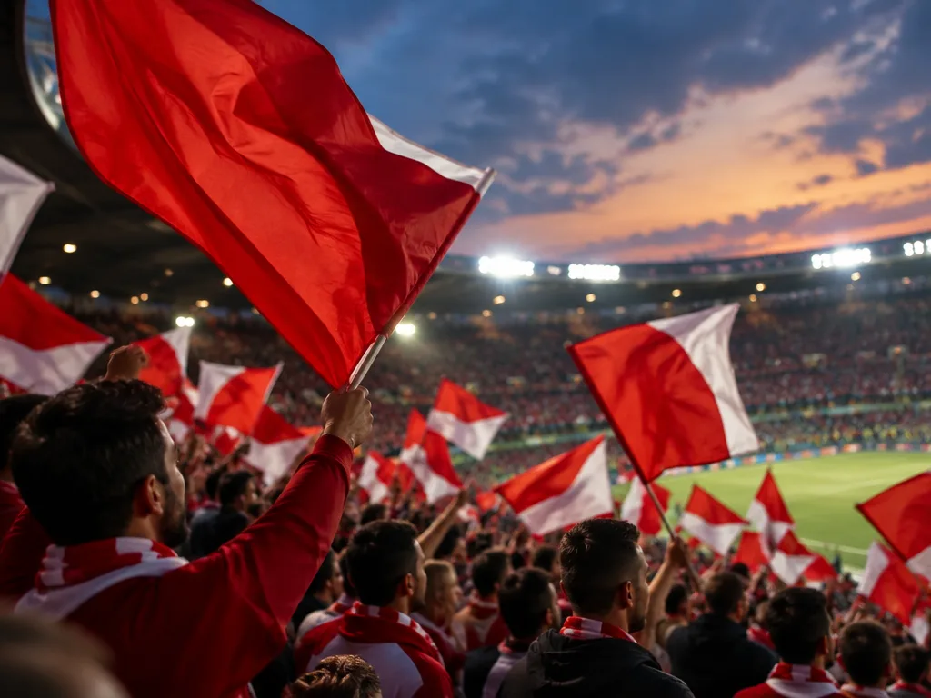 Supportrar i rött och vitt viftar med röda flaggor på en fullsatt fotbollsarena i skymningen