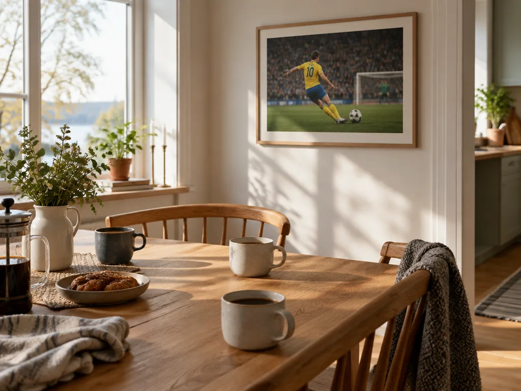 Köksbord med en inramad fotbollsbild på väggen