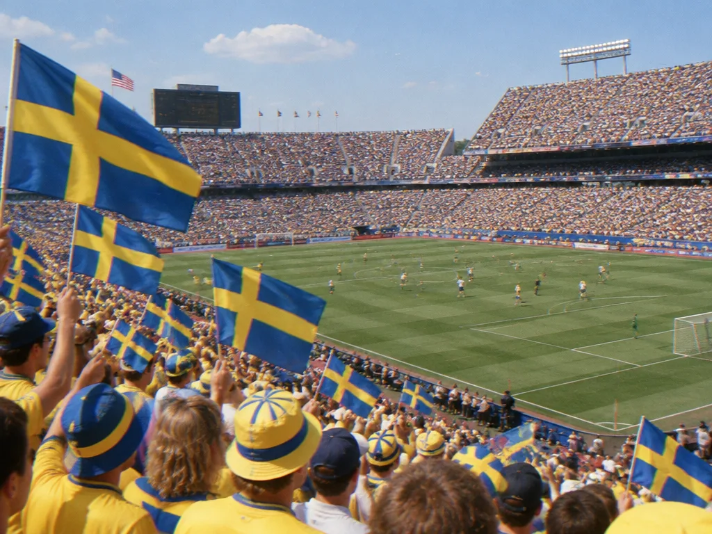 Fullsatt arena under ett sommar-VM med gula och blå flaggor